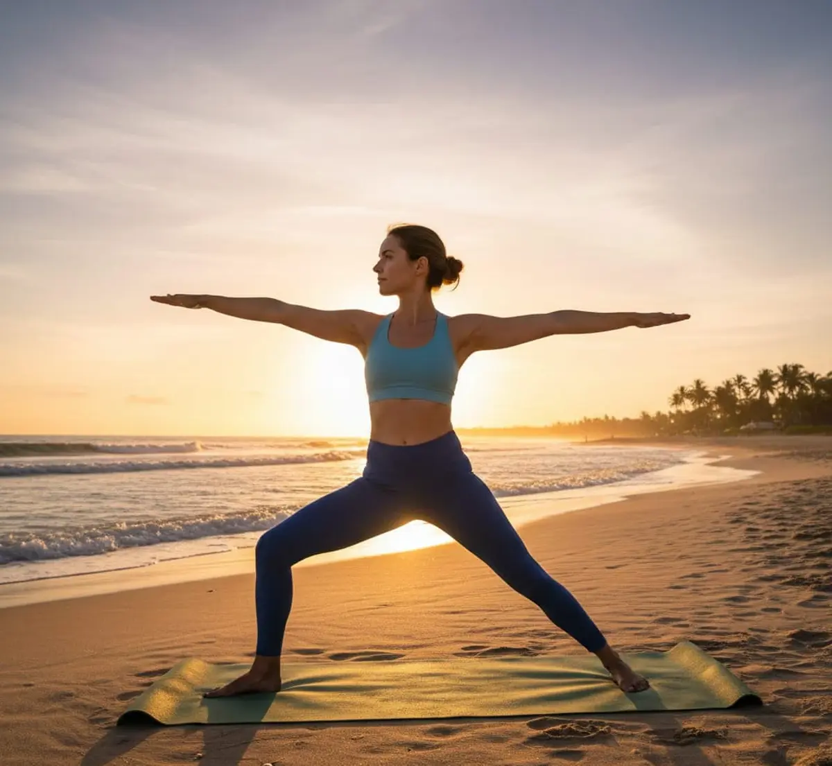 Posizione del guerriero yoga al tramonto sulla spiaggia